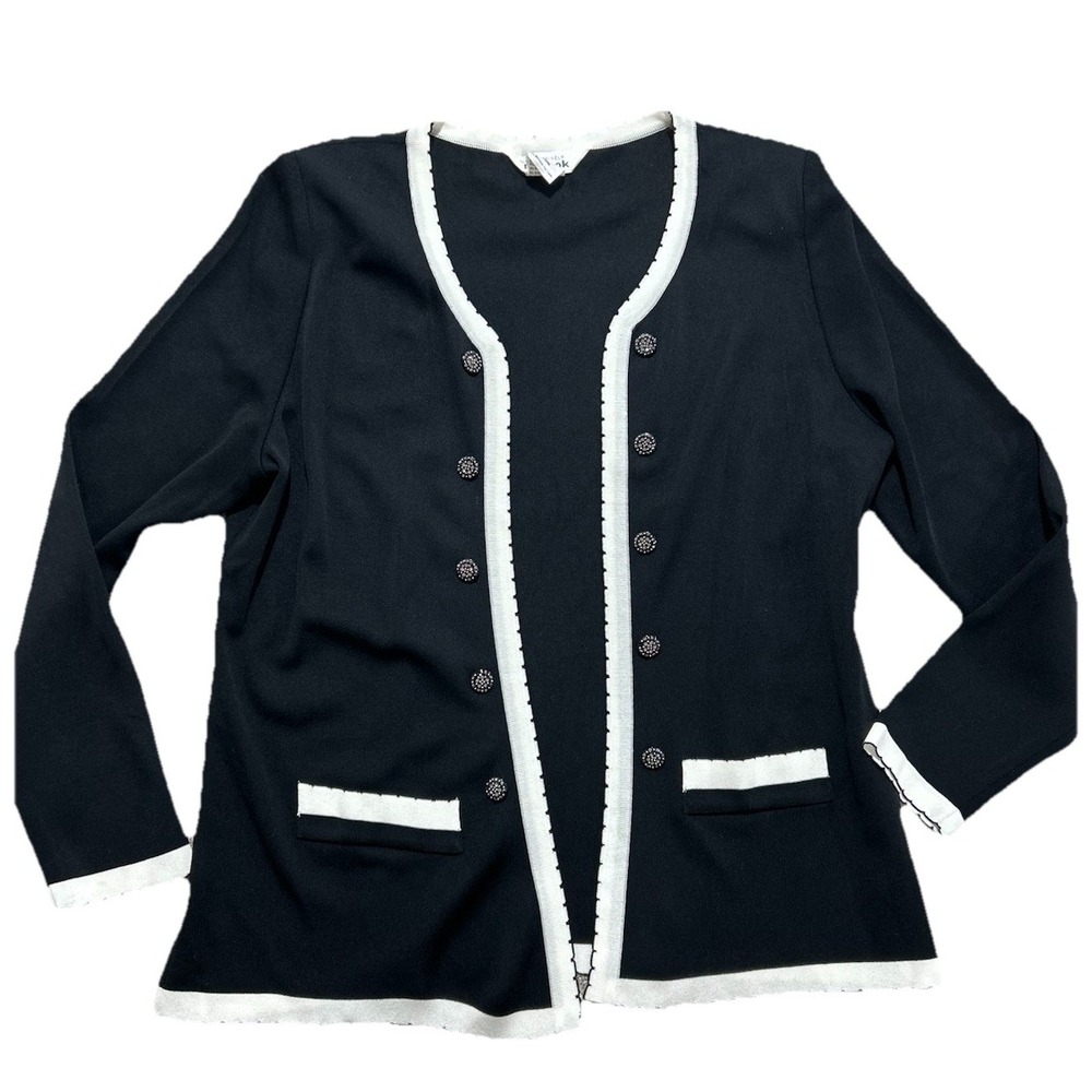Misook Women's L Black White Trim Knit Open Front Cardigan Sweater Jewel Button